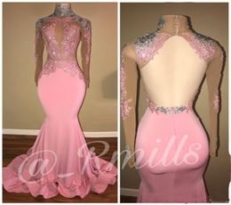 2022 Modest High Neck Long Sheeves Prom Dresses Mermaid Applique Sequins Sexy Open Back Evening feestjurken Robe de Soriee Custom 5006936