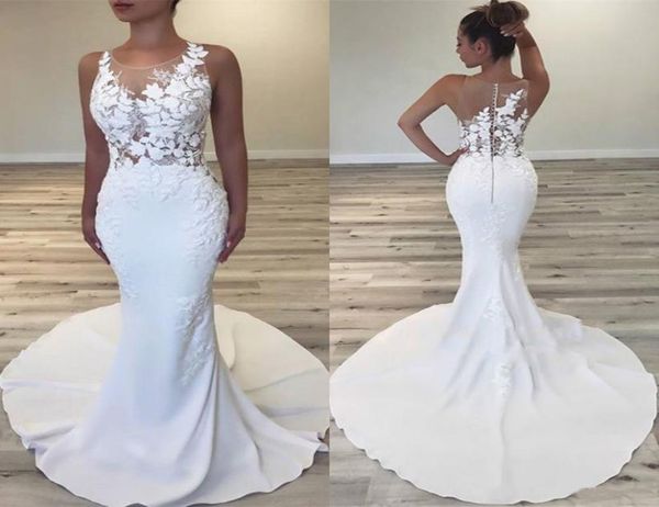 2022 Modest White Mermaid Vestidos de novia Reino Unido Sheer Sheer Sleeveless Slim apretado Floral Aplique Ilusión Boho Vestido nupcial Fitt6825948