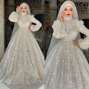 2022 musulman une ligne robes de mariée en vrac à manches longues robes de mariée dentelle Applique Vintage Sequin personnaliser vestido de novia