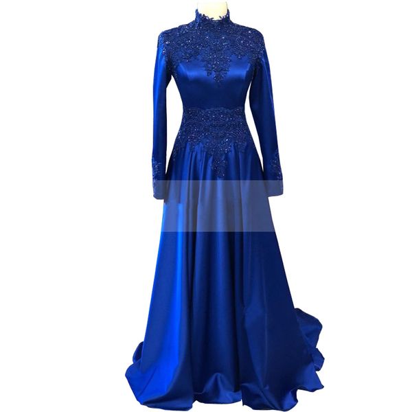 2022 Robes de soirée musulmanes col haut manches longues appliques perlées bleu royal satin bal robes formelles Arabie Saoudite robe d'occasion spéciale