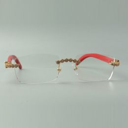 2022 monture de lunettes en bois rouge naturel 3524012 avec bouquet de luxe diamants pour unisexe, taille: 56-36 -18-135mm