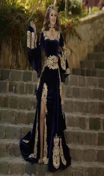 2022 Bleu Marine Maroc Caftan Robe De Soirée Formelle Avec Jupe Amovible Deux Pièces À Manches Longues Sirène Velours Robe De Bal Arabe Pa5768450