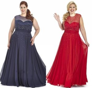 2022 Navy Blue Red Chiffon Plus size prom -jurken plus speciale gelegenheid jurk bling pequines pure Crew Cap Sleeve plus size evenin3293355