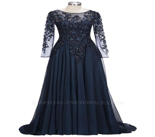 2022 Azul marino Sheer Mangas largas Gasa Madre de los vestidos de novia Piedras con cuentas Longitud del piso Vestidos de noche de fiesta formal BA915544543