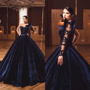 2022 Navy Velvet Ball Jurk Quinceanera Dress Long Caftan Party Crystals Beading avondjurken Vestidos Formals Dubai Dress B0621