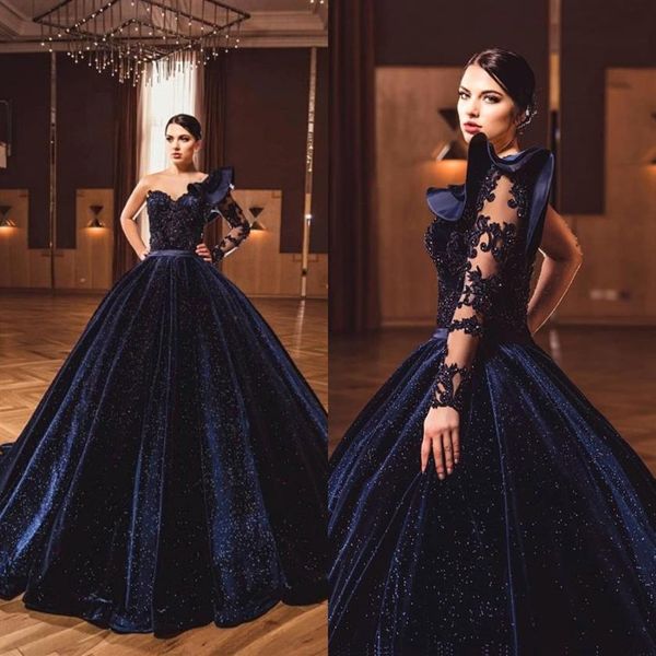 2022 marine velours robe de bal Quinceanera robes longues Caftan fête cristaux perles robes de soirée Vestidos Formals Dubai robe C0620236U