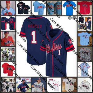 Maillot de baseball Ole Miss Rebels cousu sur mesure de la NCAA 2022 1 Jacob Adams Maillots 6 Thomas Dillard 2 Ryan Olenek 15 Grae Kessinger 28 Austin Miller Cole Zabowski Maillots