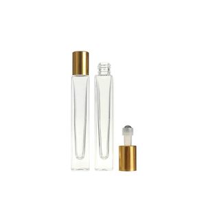 2022 nouveau 10 ml vide stylo carré verre clair rouleau sur bouteille avec bouchon en or en acier inoxydable roller ball pour parfum d'huile essentielle