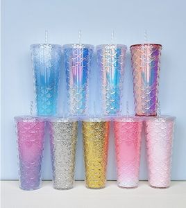 2022 Nouveaux gobelets en plastique de 24 oz Tasse à écailles de poisson Bouteilles d'eau en acrylique avec paille Double paroi Snow Globe Lunettes Tasses à ruban A0037