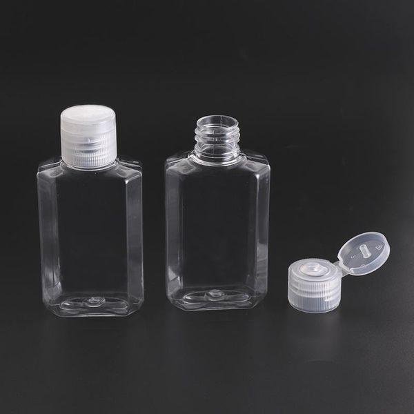 2022 nouvelle bouteille en plastique PET vide de 30 ml 60 ml avec capuchon rabattable bouteille de forme carrée transparente pour liquide de maquillage gel désinfectant pour les mains jetable