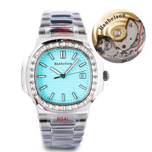 2022 NOUVEAU 5711 Ice Blue Dial Square Diamond Mens Watches Japan 8215 Mouvement automatique Montre de Luxe Wristwatch Transparent Glass 242C