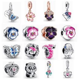 2022 Nouveau 925 Sterling Silver Spring Pansy Flower Pendentif Charms Émail Papillon Perles pour Original Pandora Bracelets et Colliers Femmes Bijoux DIY