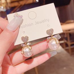 2022 nouveauté charme coréen amour Imitation perle élégant nœud boucles d'oreilles pour les femmes mode goutte d'eau cristal pendentif bijoux