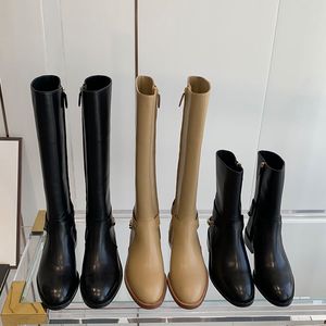 2022 Nouveau automne et hiver Boots de cha￮ne ￠ talons ￩paisses Longueur de genou Round Coue en cuir haut baril Cavalier Bottes