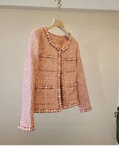 Nouveau automne mode femmes o-cou perles paillette lurex brillant bling tweed laine simple boutonnage veste manteau grande taille casacos SML