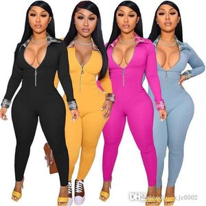 2022 Nieuwe Aututmn Vrouwen Jumpsuits Elegante Rompertjes Lange Mouw V-hals Rits Onesies Bodycon Plaid Stiksels Capri Pants262i