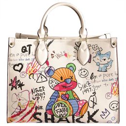 Sacs sacs à main sacs à main femmes nouvelle mode dessin animé graffiti haute capacité sac fourre-tout en cuir blanc sac à main sacs de banlieue femme