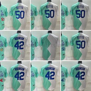 2022 nueva camiseta de béisbol 42 Jackie Robinson 50 Mookie Betts 7 Julio Urias Blue en blanco y blanco Medio color Jerseys cosidos Tamaño S-XXXXL