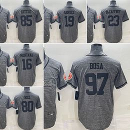 2022 Nieuwe honkbaltrui 97 Nick Bosa 16 Joe Montana 85 George Kittle 19 Deebo Samuel 23 Will Redmond 80 Jerry Rice Denim Linnen Gray Gray gestikte truien