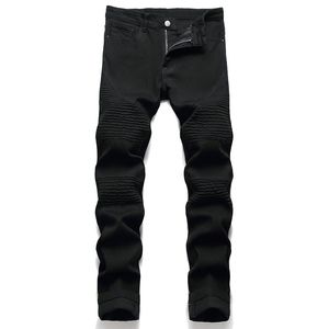 2022 Nieuwe zwarte high street heren fiets jeans slank fit mode rek geplooide werkkleding magere broek streetwear vaqueros de hombre