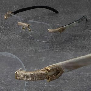 2022 Nouveau mélange noir blanc corne de buffle cadres bois lunettes sans monture diamant ensemble lunettes hommes femmes avec décoration C roches fil 18K g257E