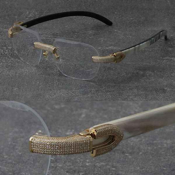 2022 New Black Mix White Buffalo Horn Frames Wood Eyewear Rimless Diamond set Lunettes Hommes Femmes avec C Décoration Rocks Wire Lunettes à monture en or 18 carats Unisexe Lunettes