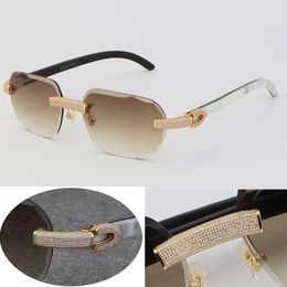 2022 Nouveau mélange noir blanc véritable lunettes de soleil en corne de buffle naturelle sans monture diamant ensemble lunettes de soleil hommes femmes avec décoration C Rocks301g