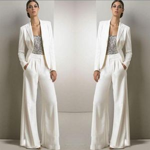 2022 Nouveau Bling Paillettes Ivoire Blanc Pantalon Costumes Mère De La Mariée Robes Formelles En Mousseline De Soie Tuxedos Femmes Parti Porter De La Mode Modest230t