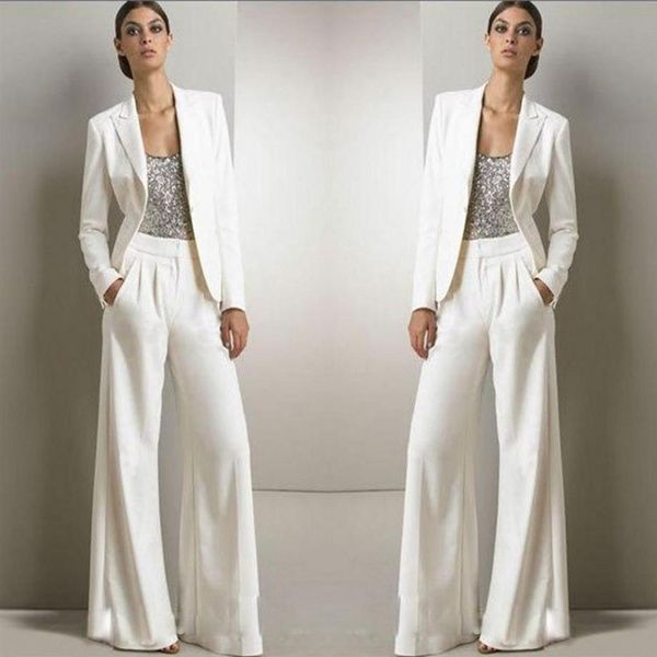 2022 Nouveau Bling Paillettes Ivoire Blanc Pantalon Costumes Mère De La Mariée Robes Formelles En Mousseline De Soie Tuxedos Femmes Parti Porter De La Mode Modest227f