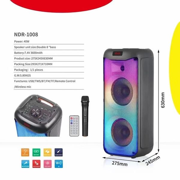 2022 nouveau haut-parleur sans fil bluetooth PartyBox 100 RGB chapiteau lumière levier extérieur double 8 pouces 80 z basse LED flamme lumière