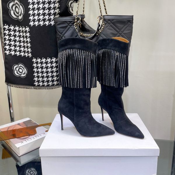 2022 Botas nuevas Invierno Comercio exterior Riam Diamond Flow Su Xie Hei Estilo de moda Tacones altos