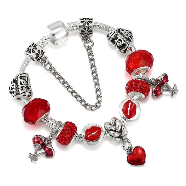 2022 Nuevo Charm Bracelet Christmas Wine Glass Pendant Red Heart Esmalte European Charm Beads Murano Glass Beads Bangle Se adapta a Pandora Charm Bracelets