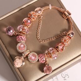 2022 Nuevo Charm Bracelet Rose Gold Five Petals Flower Pendant Pink Murano Glass European Charm Beads Heart Beads Bangle Se adapta a Pandora Charm Bracelets Necklace