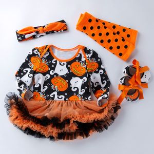 2022 Nieuwe kledingsets Baby Girl lange mouw jurk Halloween pompoenkwaliteit katoen ha jurk leerschoenen set