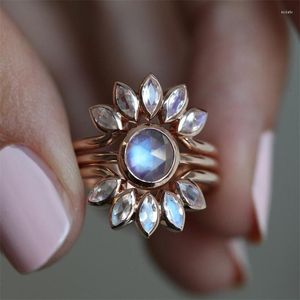 2022 Nieuwe clusterringen 3 stks/set Women's Moonstone Ring Band Exquisite Flower Engagement Wedding Anniversary Birthday Christmas Gift Sieraden