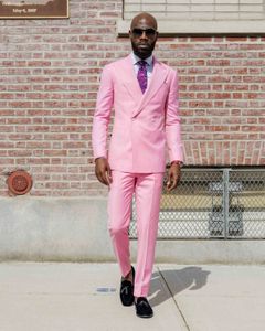 2022 Nieuw kostuum Homme Pink Men Pak Double Breasted Slim Fit Pe Peaked Rapel Wedding Tuxedos Custom Made Prom Party Male kleding