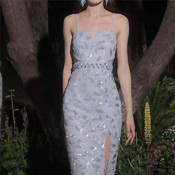 Nouveau design femmes luxe strass cristal perles spaghetti sangle taille évider sexy tunique robe de soirée longue vestidos SML