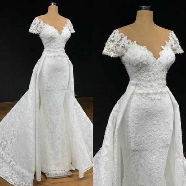 2022 Nuevo Dubai Árabe Magnífico Lujo Tallas grandes Princesa Sirena Vestidos de novia con tren desmontable Apliques de encaje Sheer Jewel Neck Vestido de novia Robe De