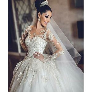 Nieuwe Dubai Elegante Lange Mouwen Baljurk Trouwjurken Sheer Ronde Hals Kant Applicaties Kralen Vestios De Novia Bruidsjurken