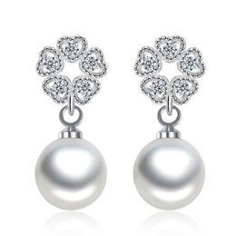 Mode 925 Argent 4 coeur amour designer boucle d'oreille asymétrique brillant cristal grand luxe perle pendentif cerceau doux boucle d'oreille boucles d'oreilles anneaux d'oreille pour femmes bijoux
