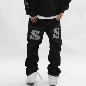 2022 NIEUWE FASHIER DOLLAR Print zwarte streetwear mannen baggy jeans broek Hip Hop rechte Harajuku denim broek Pantnes HOMBRE T220803