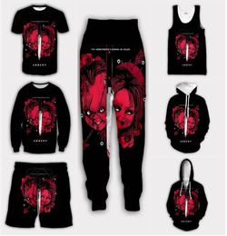 2022 Nueva moda Película de terror Chucky Impresión 3D Hombres Mujeres Pantalones cortos casuales Pantalones Camiseta Chaleco Sudadera Sudaderas con capucha Sudaderas con cremallera G5479732