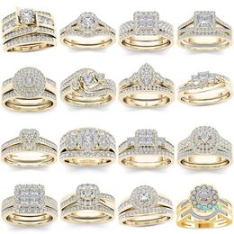 2022 Nieuwe mode Wedding Rings 2pcs Bridal Set Elegant Crystal Engagement Ring Luxe Gold Color Round Hart Zirkoon voor vrouwen Boho sieraden