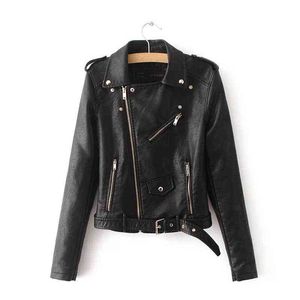 2022 NIEUWE FASOM DRAMEN AUTUNM Winter Zwart Leather Jackets Lady Bomber Motorcycle Cool Outerwear Coat met riem L220728