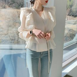 Nouvelle mode femmes style coréen col en v flare manches longues volants patchwork ceintures blouse chemise
