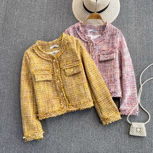 Nieuwe mode dames o-hals lange mouw tweed wollen single-breasted jas kwastje jas ML