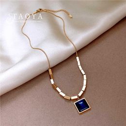 2022 nouveau haut de gamme Haze bleu carré pendentif en acier inoxydable collier fête Sexy accessoires pour femmes filles bijoux de luxe