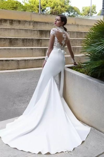 2022 Nuevos vestidos de novia de sirena sexy de cristal con cuello alto Ver a través de la espalda Vestidos de novia baratos ajustados de manga larga transparentes con barrido Tr293t