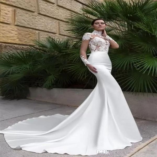 2022 Nuevos vestidos de novia de sirena sexy de cristal con cuello alto Ver a través de la espalda Vestidos de novia baratos ajustados de manga larga con barrido Tr274h