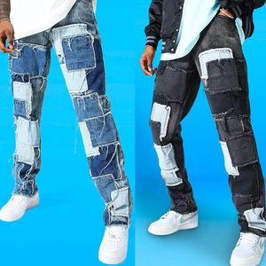2022 Nieuwe hoogwaardige hiphop heren jeans ontwerper rechte broek zipper kleurblok mode niet-stretch patches losse sport zand gewassen denim wide been broek